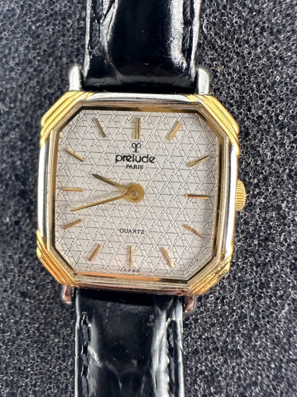 Vintage Prelude Watch Women Gold Tone Square Dial Black Leather Band New Battery